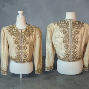 Jeanette for St. Martin vtg rare beaded/pearl silk crop gold evening jacket sz M